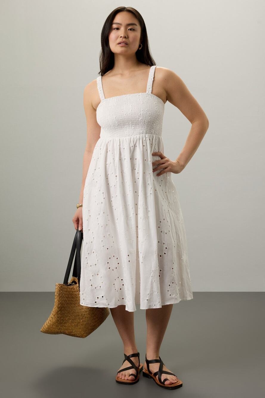Thakoon RTR Sz S White Smocked Eyelet Cotton Square Neck Coastal Midi Dress